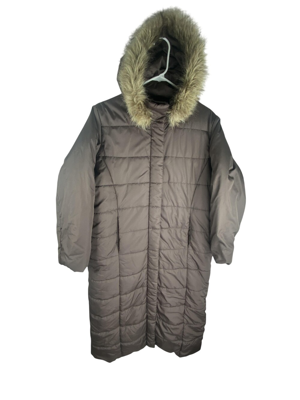 Roaman's Coat Womens Medium Brown Long Puffer Hood Faux Fur Trim Quilted Zip